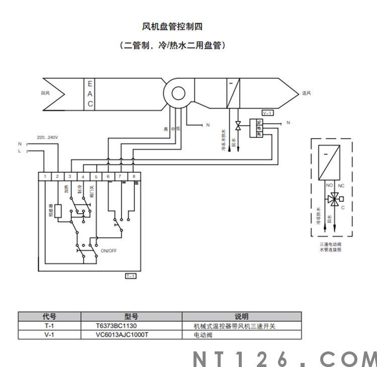 霍尼韦尔风机盘管控制方案四-两管制冷热两用盘管温控器配电动阀